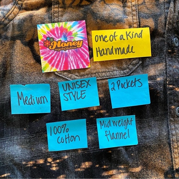 Boho Flannel Shirt Womens Size Medium Unisex Handmade Mandala Floral Plaid Black - Picture 7 of 10